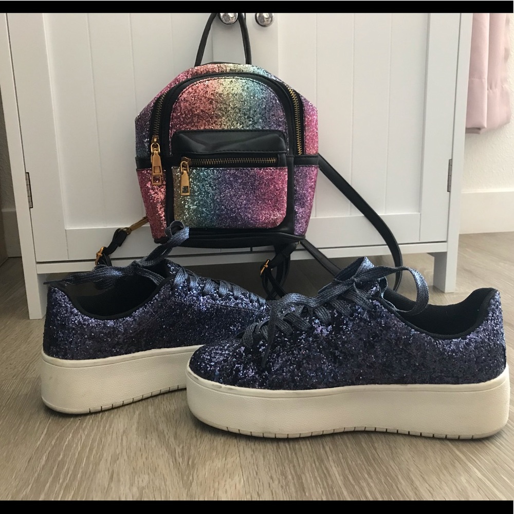 Glitter blue platform sneakers & rainbow backpack